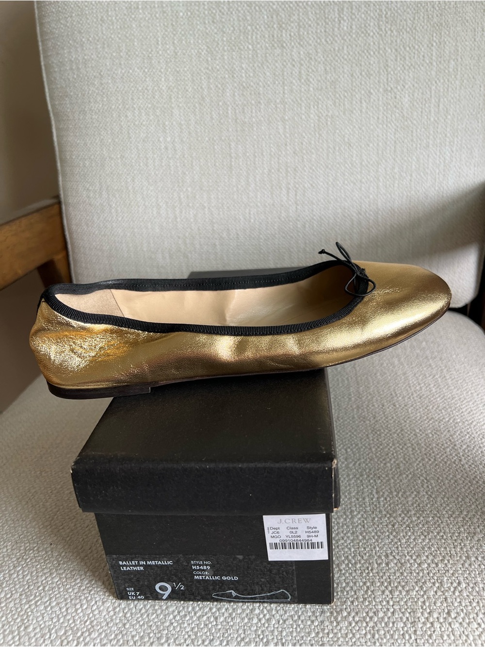 J. Crew Metallic Gold Ballet Flat with Black Trim